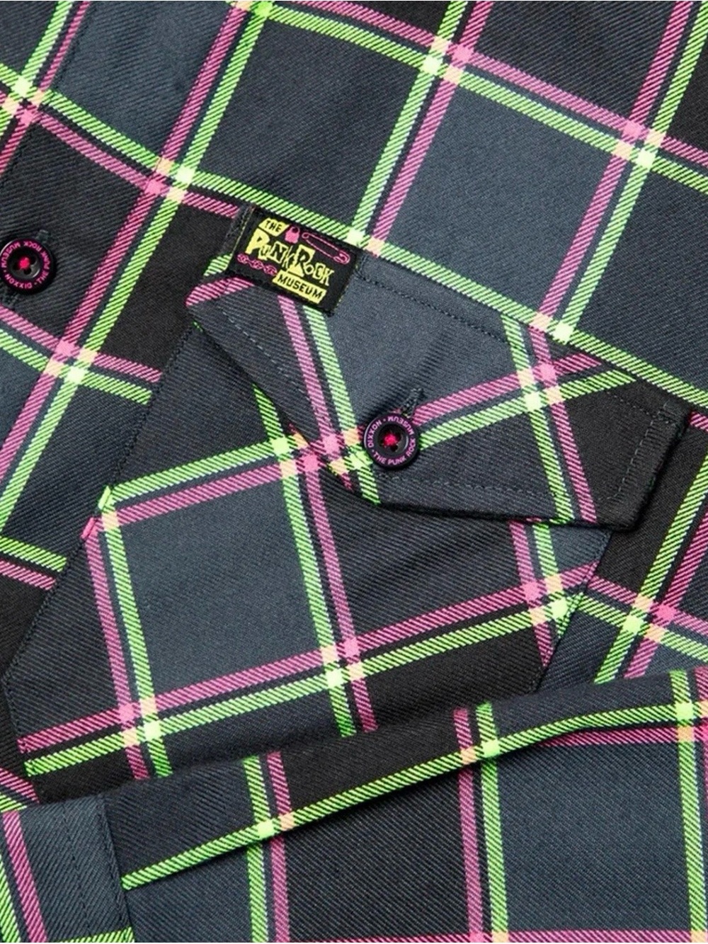DIXXON Button-Down Flannel Shirt with Pink & Lime Lines Punk Rock Museum - Picture 2 of 4
